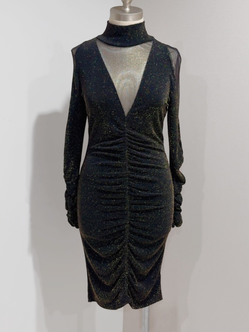 Venus Women's Shimmer Black /Gold Long Sleeve Ruched Party Cocktail Dress Size M